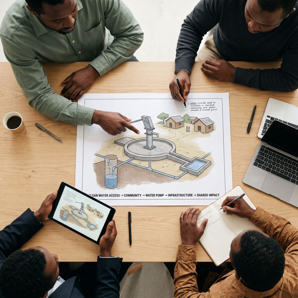 Community partners planning a water infrastructure project around a shared table