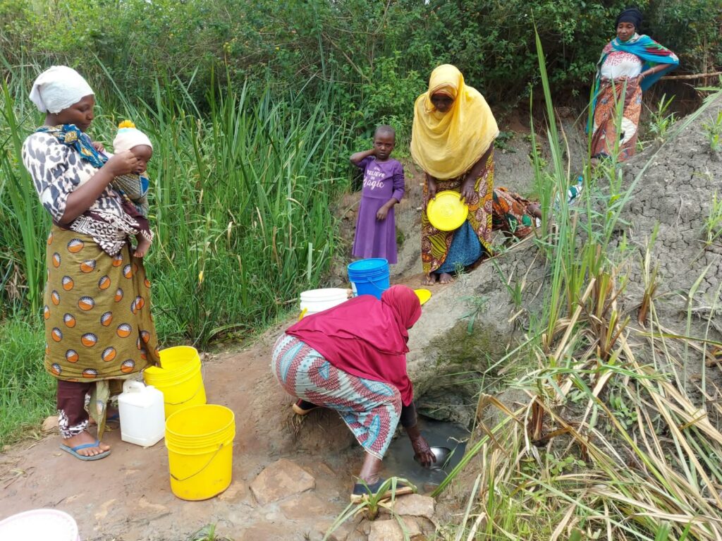 Women and children collecting water from a natural spring.